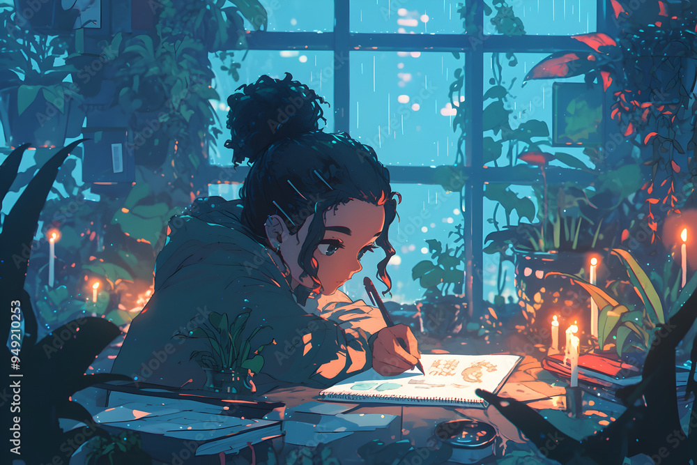 Girl sketching in her sketchbook with plants and books on the table, surrounded by soft blankets, candles, and a rainy day outside. Anime style, Cozy vibes Girl sketching in her sketchbook with plants and books on the table, surrounded by soft blankets, candles, and a rainy day outside. Anime style, Cozy vibes