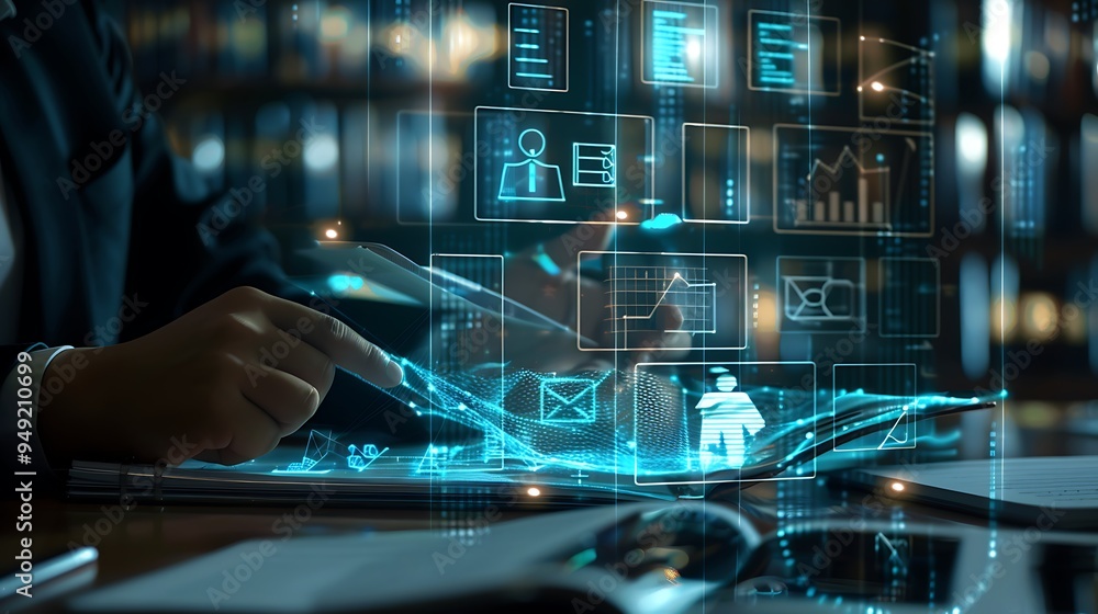 Attorney using advanced holographic technology to review legal documents in a futuristic digital workspace with virtual legal icons and interactive law tool Attorney using advanced holographic technology to review legal documents in a futuristic digital workspace with virtual legal icons and interactive law tool