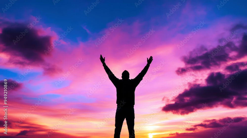 A silhouetted figure stands triumphantly against a vibrant sunset, arms raised high, embodying freedom and celebration amidst stunning hues of pink and blue in the evening sky. A silhouetted figure stands triumphantly against a vibrant sunset, arms raised high, embodying freedom and celebration amidst stunning hues of pink and blue in the evening sky.