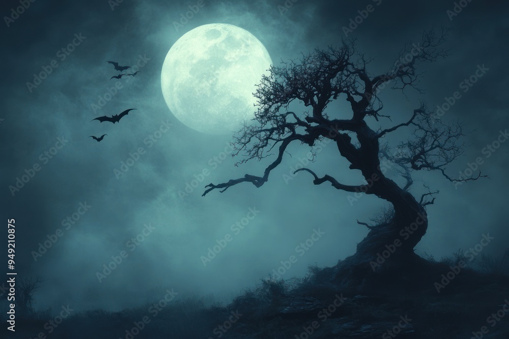 A tree with bats flying around it and a full moon in the background. Scene is eerie and mysterious A tree with bats flying around it and a full moon in the background. Scene is eerie and mysterious