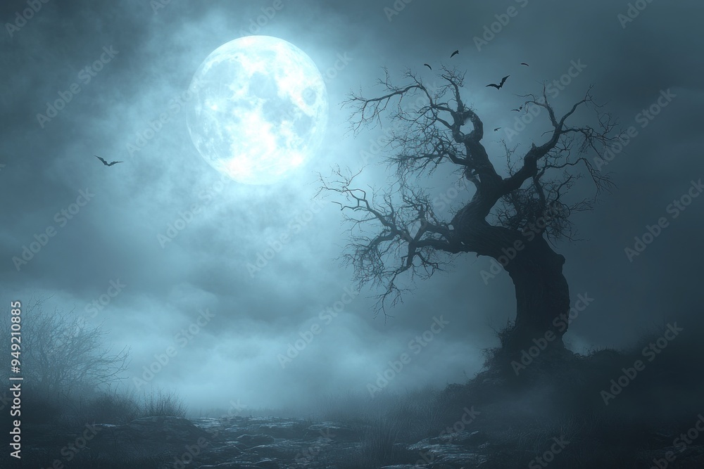 A tree with bats flying around it and a full moon in the background. A tree with bats flying around it and a full moon in the background.