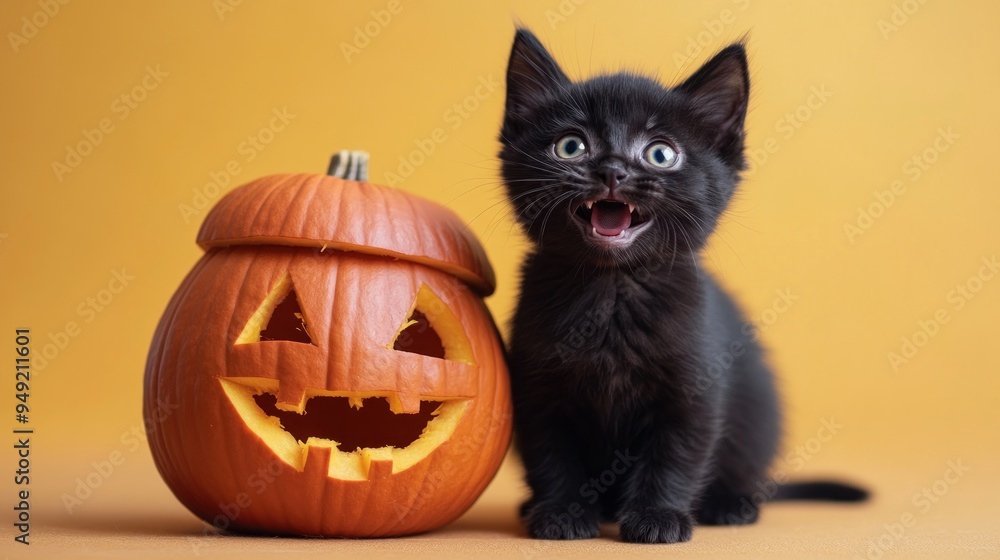 A black kitten is sitting on a table with a pumpkin on its head. A black kitten is sitting on a table with a pumpkin on its head.