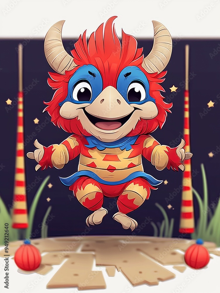 Fototapeta premium Cartoon Bird Monster with Red and Blue Colors and Horns