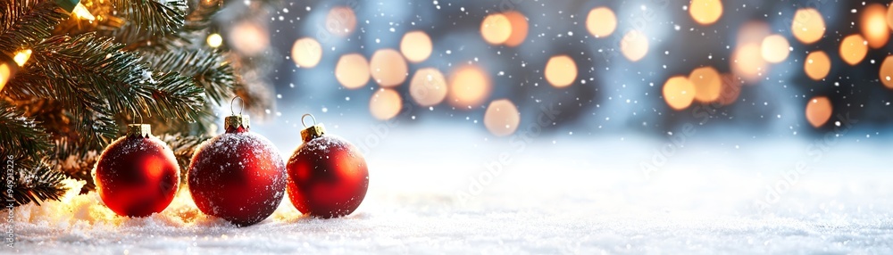 Festive Christmas scene with shimmering ornaments, snow, and glowing lights, evoking warmth and holiday spirit. Festive Christmas scene with shimmering ornaments, snow, and glowing lights, evoking warmth and holiday spirit.