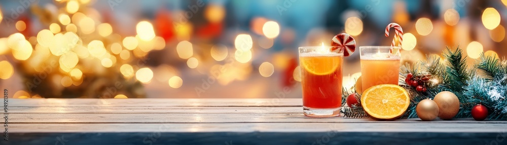 Festive drinks on a wooden table, adorned with holiday decorations, celebrating joy and warmth during the holiday season. Festive drinks on a wooden table, adorned with holiday decorations, celebrating joy and warmth during the holiday season.