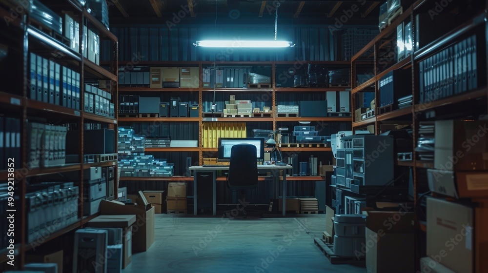Fototapeta premium A storage room filled with boxes and shelves, perfect for an office or home organization