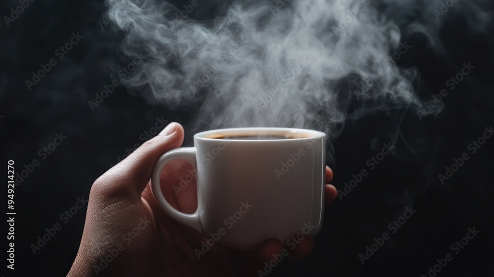 A person's hand holding a white mug with a hot beverage, steam rising into the air against a dark, moody background. A person's hand holding a white mug with a hot beverage, steam rising into the air against a dark, moody background.