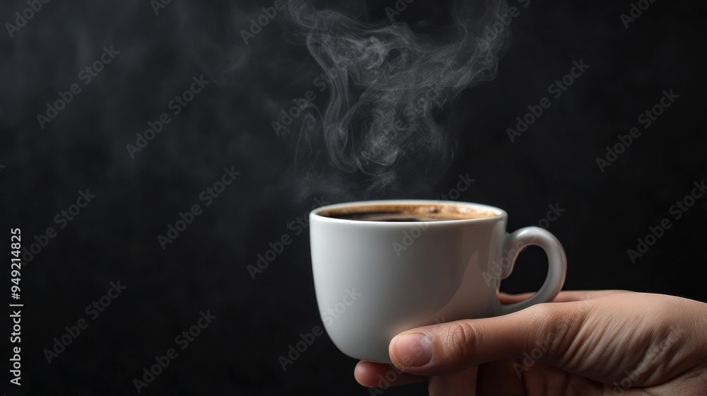 A hand holding a steaming white cup of coffee against a dark background, with the steam gently rising from the hot beverage. A hand holding a steaming white cup of coffee against a dark background, with the steam gently rising from the hot beverage.
