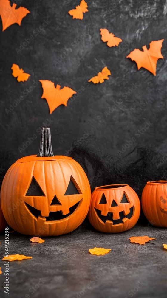 Festive Halloween scene featuring carved pumpkins and orange bat decorations against a dark background. Festive Halloween scene featuring carved pumpkins and orange bat decorations against a dark background.
