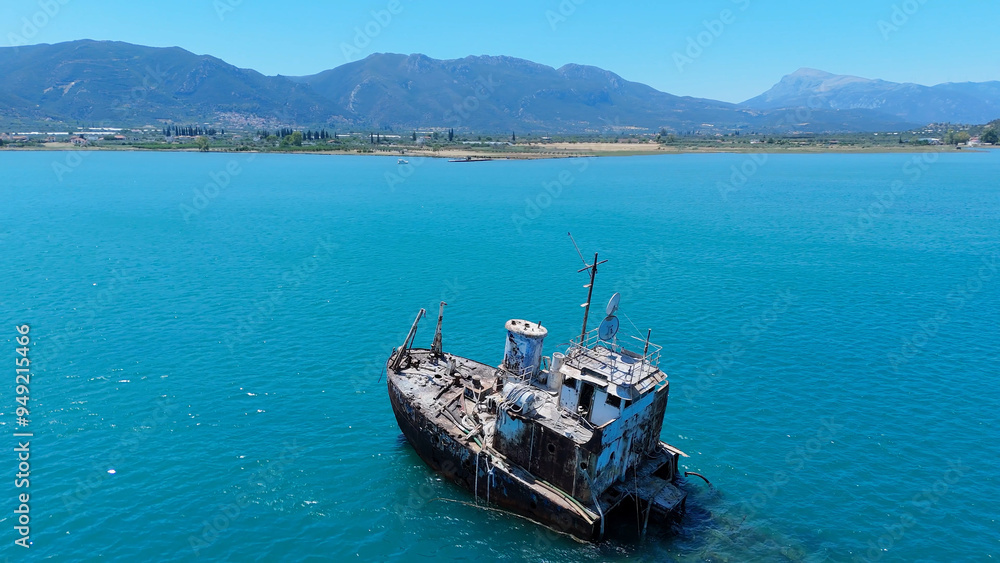 Aerial view of sunken ship near Poros island Peloponnese region Greece Aerial view of sunken ship near Poros island Peloponnese region Greece