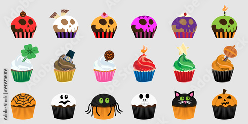 Halloween cupcake set. Cute scary desserts Vector illustration isolated.
