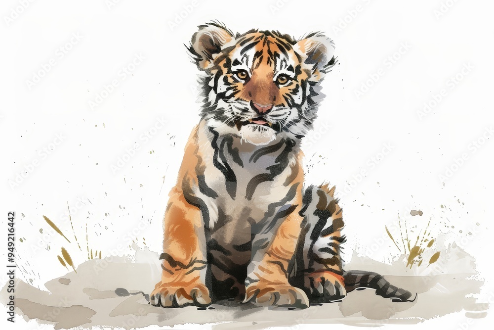 Obraz premium A cute baby Northeast Tiger, drawn in cartoon and Chinese ink painting style, sits on the ground, smiling and raised.