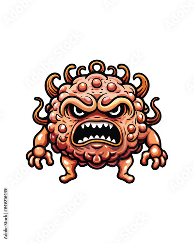 A cartoon, angry, squishy blob monster with multiple tiny eyes, sharp teeth, and spindly arms. photo