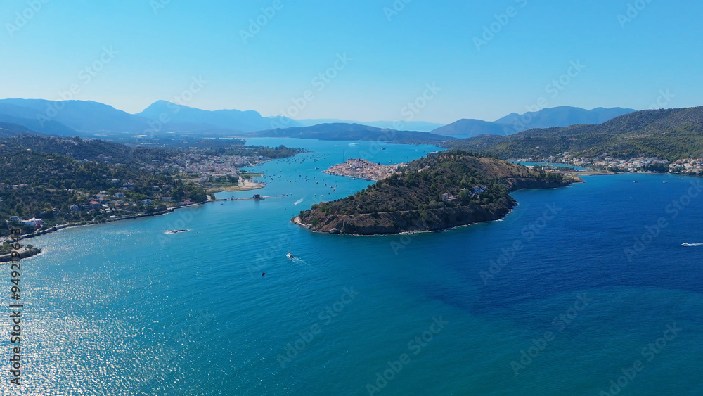 Obraz premium Greece Peloponnese region Poros island city center and surroundings aerial view
