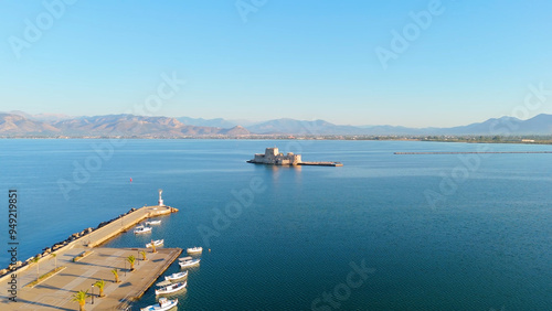 greece peloponnese region old capital nafplio aerial view with sunrise and sunset lights