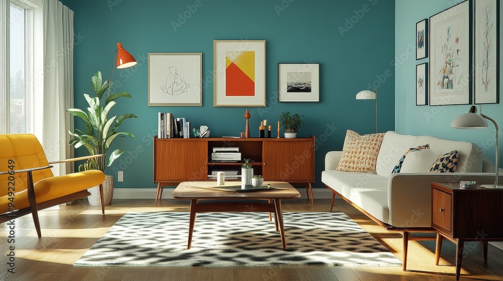 retro living room with mid-century modern furniture, bold patterns, and vibrant colors. retro living room with mid-century modern furniture, bold patterns, and vibrant colors.