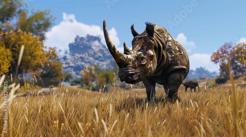 African Rhino in a Grassland Landscape