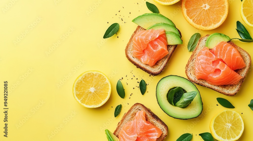 A nutritious breakfast layout features avocado toast topped with salmon, complemented by fresh citrus fruits on a cheerful yellow surface. Generative AI A nutritious breakfast layout features avocado toast topped with salmon, complemented by fresh citrus fruits on a cheerful yellow surface. Generative AI