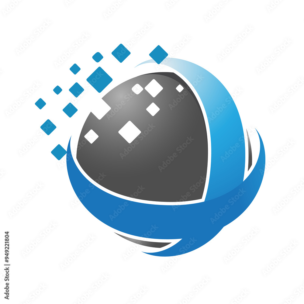 This image is a 3d logo design that depicts a black orb with two blue ...