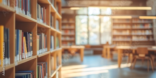 Blurred college library. Bookshelves and classroom in blurry focus