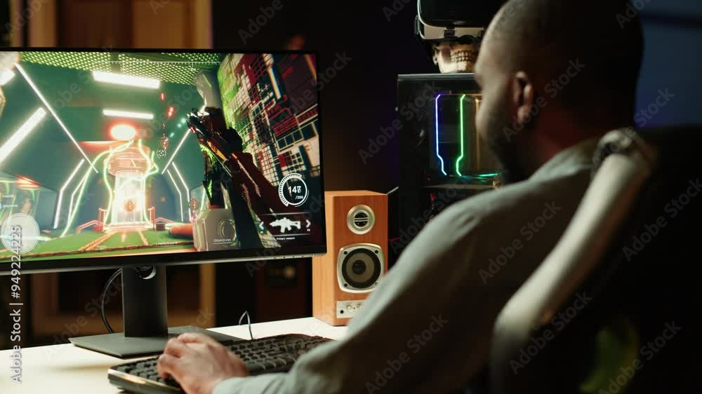 Professional gamer competing in intense online multiplayer videogame, streaming live from vibrant living room with neon lights. Man using PC, having immersive experience while gaming, camera A Professional gamer competing in intense online multiplayer videogame, streaming live from vibrant living room with neon lights. Man using PC, having immersive experience while gaming, camera A