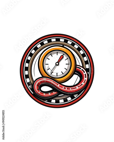 Create a stylized design where the racetrack loops around a clock with a red hand, creating an infinity symbol.