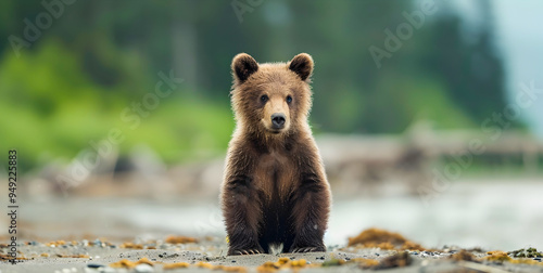 Curious and Adorable Brown Bear Cub Sitting in Peaceful Wilderness Habitat  Closeup Portrait of Playful Ursine Mammal in Natural Forest Environment photo