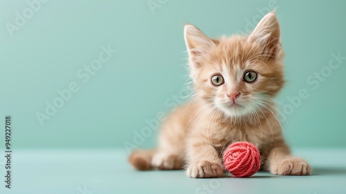 A cute orange kitten with a ball of yarn. photo