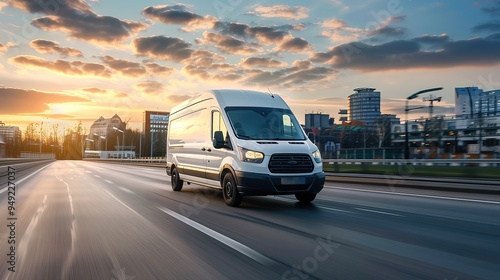Fototapeta Naklejka Na Ścianę i Meble -  White modern delivery small shipment cargo courier van moving fast on motorway road to city