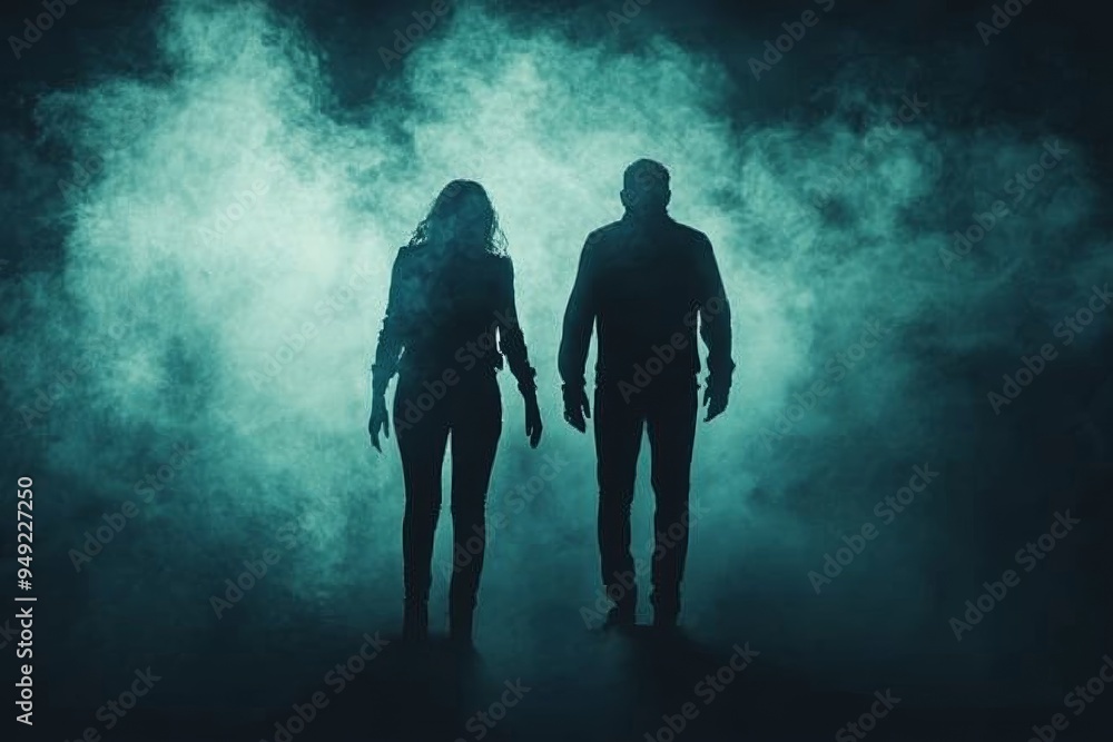 Silhouetted figures stand in a mysterious fog, evoking a sense of intrigue and suspense in a dark atmosphere. Silhouetted figures stand in a mysterious fog, evoking a sense of intrigue and suspense in a dark atmosphere.