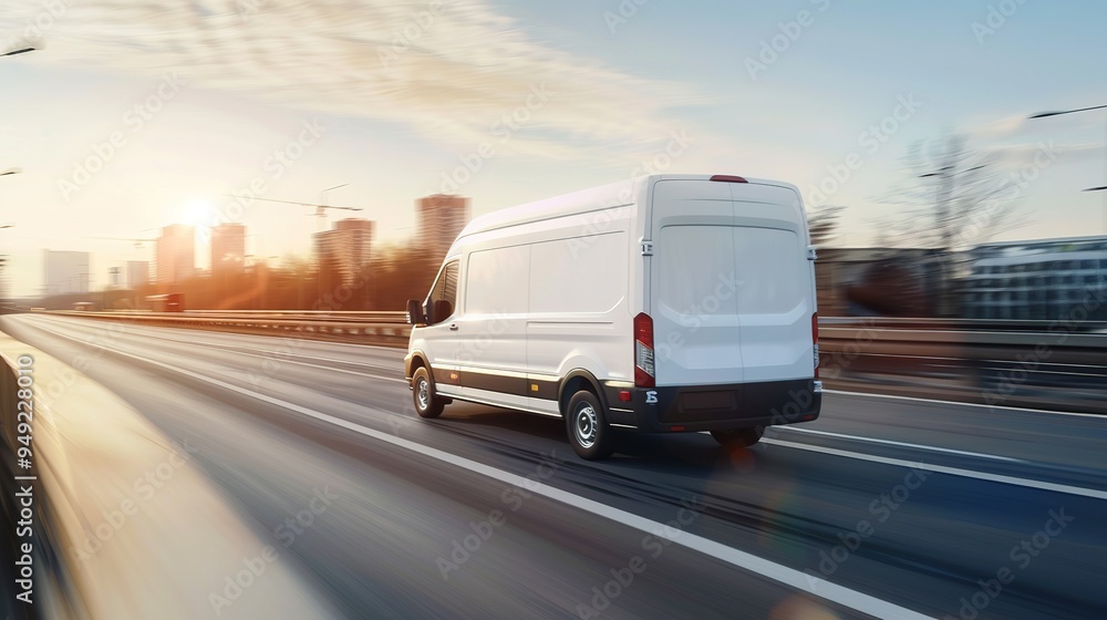 White modern delivery small shipment cargo courier van moving fast on motorway road to city White modern delivery small shipment cargo courier van moving fast on motorway road to city