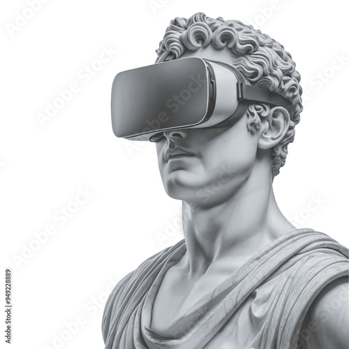 Virtual reality goggles, a digital entertainment gadget on a marble statue photo