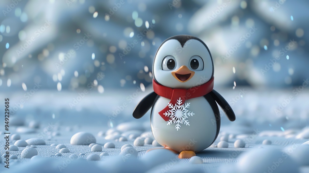 A cartoon penguin wearing a red scarf and Santa hat stands on snow. A cartoon penguin wearing a red scarf and Santa hat stands on snow.