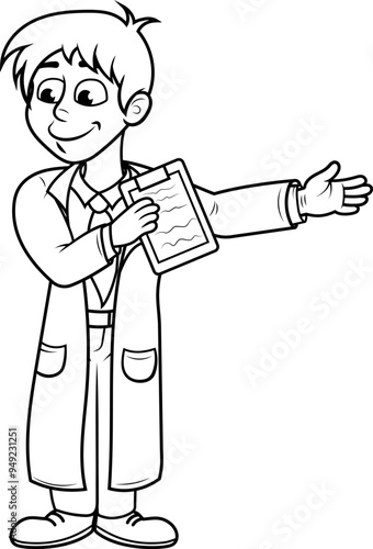 Doctor recibiendo a un paciente con una sonrisa, ilustracion vectorial sin color.