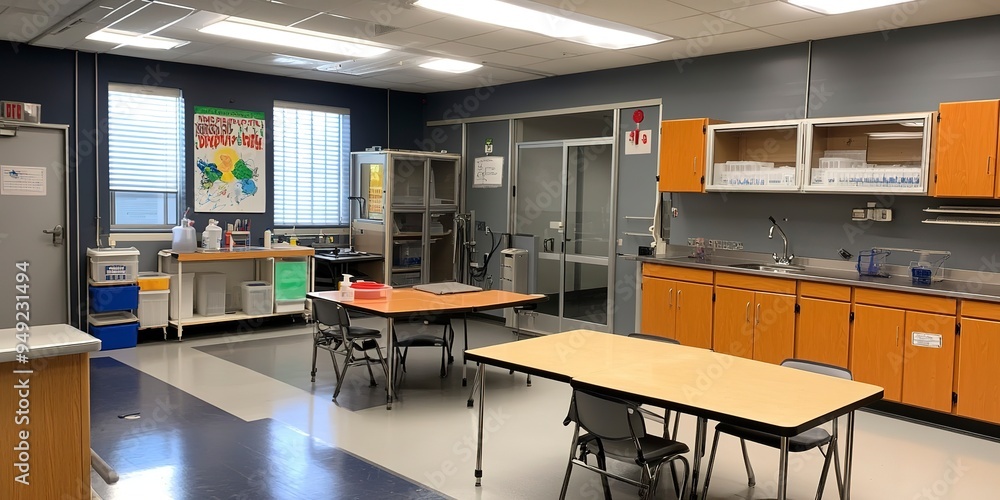 A middle school science classroom with lab stations and a safety shower. A middle school science classroom with lab stations and a safety shower.