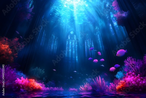 Vibrant Bioluminescent Cathedral Ethereal Encounter in the Abyssal Depths photo