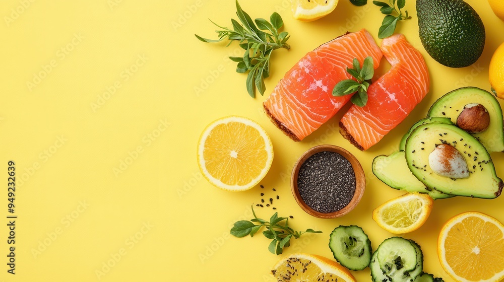 A delicious breakfast spread features avocado toast, fresh salmon, and vibrant citrus arranged beautifully on a bright yellow surface. Generative AI A delicious breakfast spread features avocado toast, fresh salmon, and vibrant citrus arranged beautifully on a bright yellow surface. Generative AI