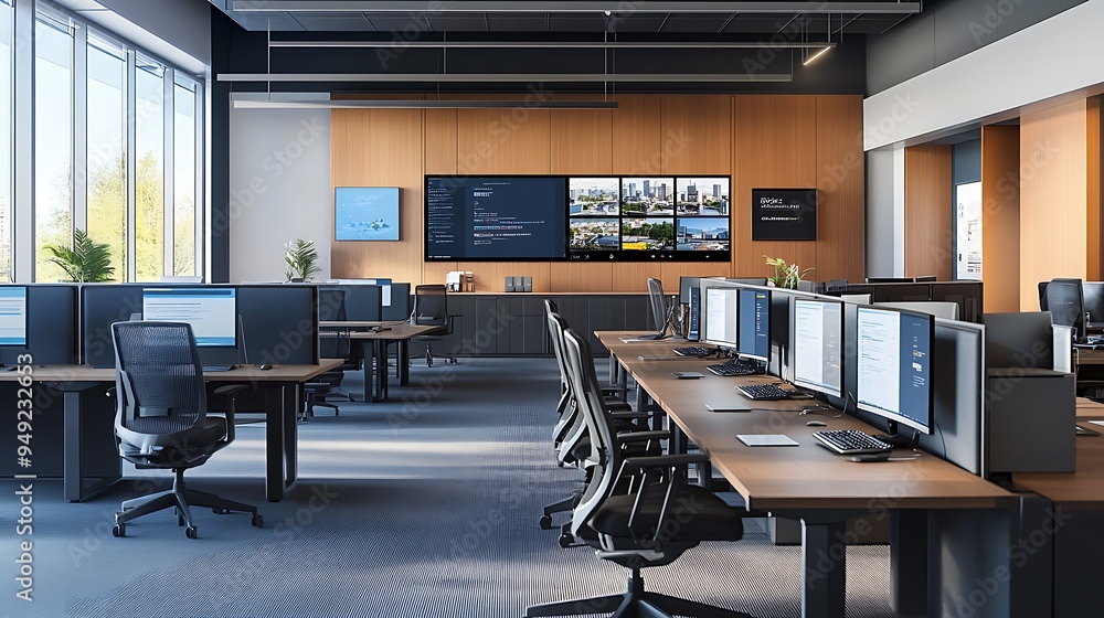 Modern Hybrid Office Environment with Seamless Integration for In-Office and Remote Workstations, Dynamic and Connected Design Modern Hybrid Office Environment with Seamless Integration for In-Office and Remote Workstations, Dynamic and Connected Design