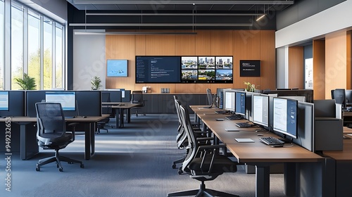 Modern Hybrid Office Environment with Seamless Integration for In-Office and Remote Workstations, Dynamic and Connected Design photo