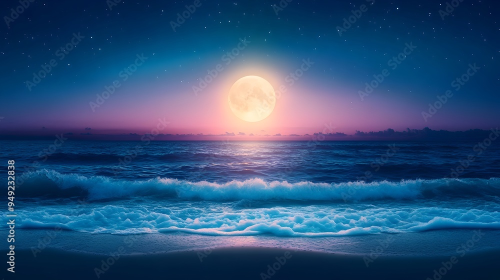 Glowing Moonlit Ocean Tranquil Seascape with Serene Lapping Waves on Peaceful Shore Glowing Moonlit Ocean Tranquil Seascape with Serene Lapping Waves on Peaceful Shore