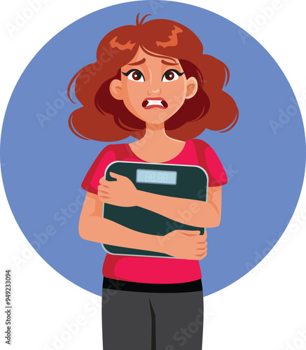 Unhappy Woman Holding a Body Scale Afraid of Weighing Herself Vector. Girl suffering from body dysmorphia fearing checking the scale
