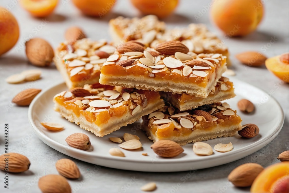 Apricot Almond Bars: Apricot almond bars stacked on a plain white plate, with a few whole almonds and apricot pieces scattered around Apricot Almond Bars: Apricot almond bars stacked on a plain white plate, with a few whole almonds and apricot pieces scattered around