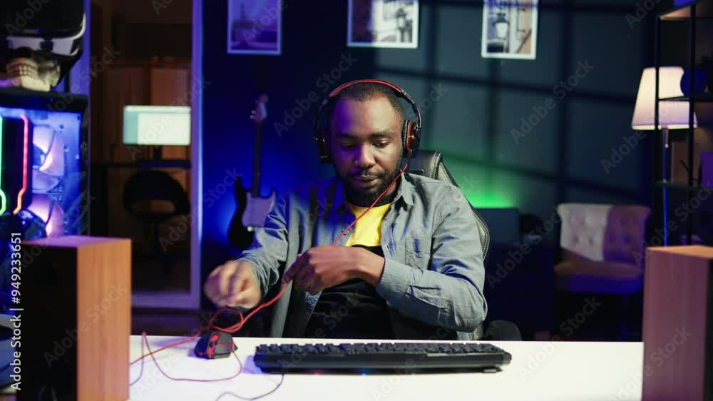 Man having fun playing videogames on PC, putting on headset to chat with teammates. Gamer battling rival players online, communicating with friends through headphones, camera B Man having fun playing videogames on PC, putting on headset to chat with teammates. Gamer battling rival players online, communicating with friends through headphones, camera B