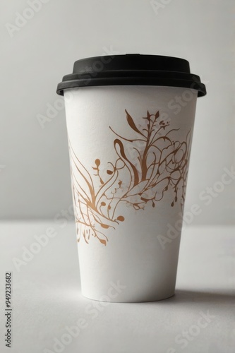 white disposible paper coffee cup with black lid on white background photo