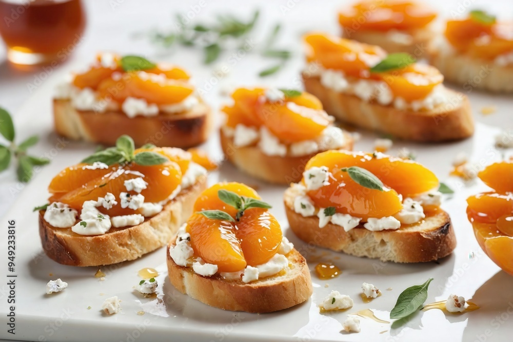 Apricot and Goat Cheese Crostini: Multiple apricot and goat cheese crostini scattered on a plain white surface, drizzled lightly with honey. Apricot and Goat Cheese Crostini: Multiple apricot and goat cheese crostini scattered on a plain white surface, drizzled lightly with honey.