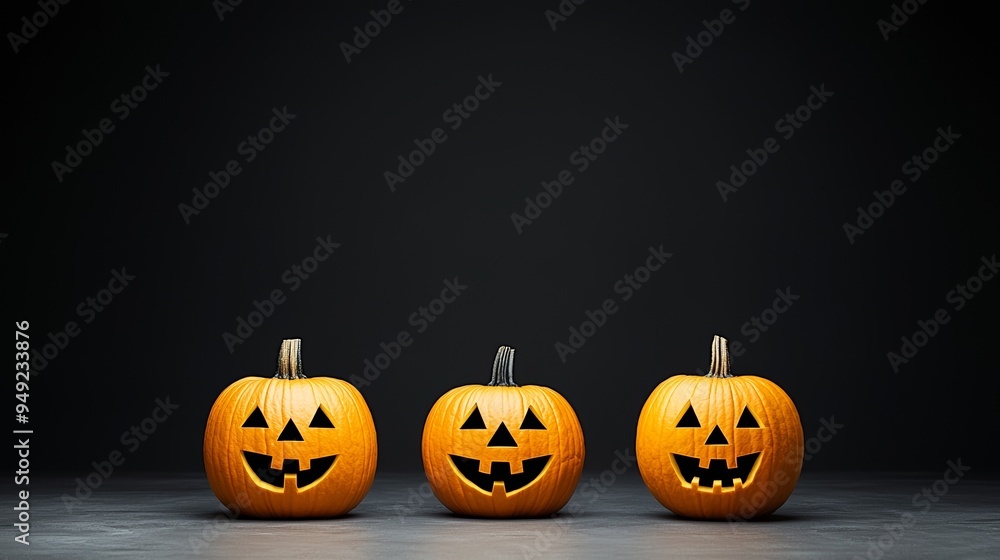 Three cheerful pumpkins with carved faces on a dark background, perfect for Halloween themes and autumn decorations. Three cheerful pumpkins with carved faces on a dark background, perfect for Halloween themes and autumn decorations.