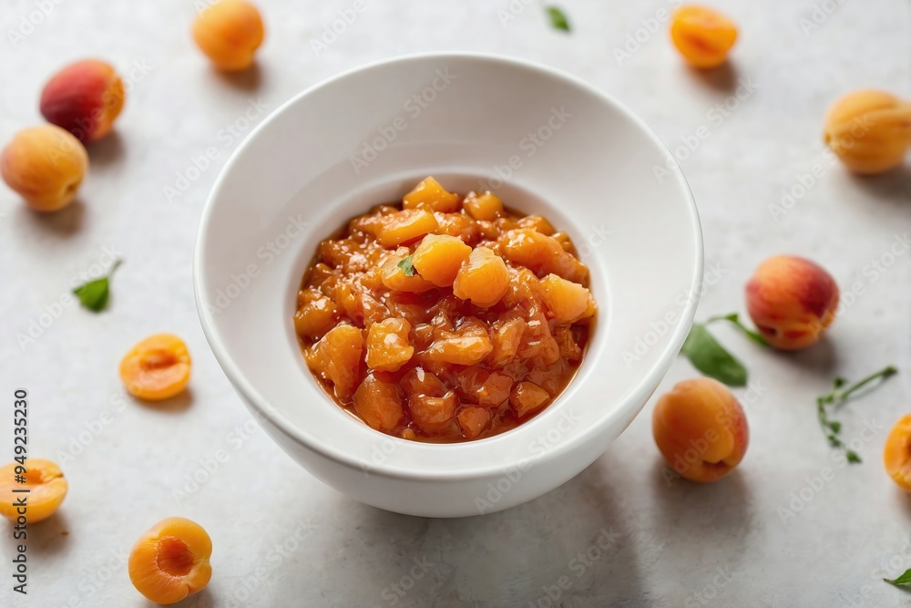 Apricot Chutney: Overhead view of apricot chutney in a small white bowl, placed on a plain white surface. Apricot Chutney: Overhead view of apricot chutney in a small white bowl, placed on a plain white surface.