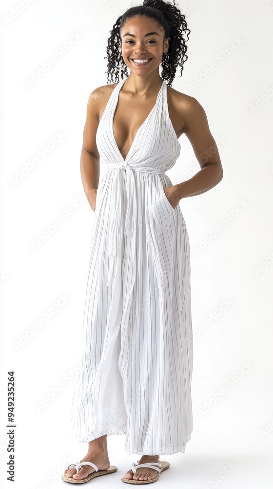 A woman in a sleeveless white maxi dress poses while smiling, exuding a relaxed and fashionable vibe perfect for summer occasions A woman in a sleeveless white maxi dress poses while smiling, exuding a relaxed and fashionable vibe perfect for summer occasions
