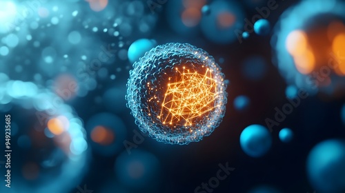 Fototapeta Naklejka Na Ścianę i Meble -  Sii style Geometric Virus with Visible Data Patterns and Molecular Interactions