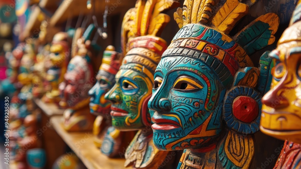 Fototapeta premium Colorful indigenous masks with intricate designs displayed on wooden shelf